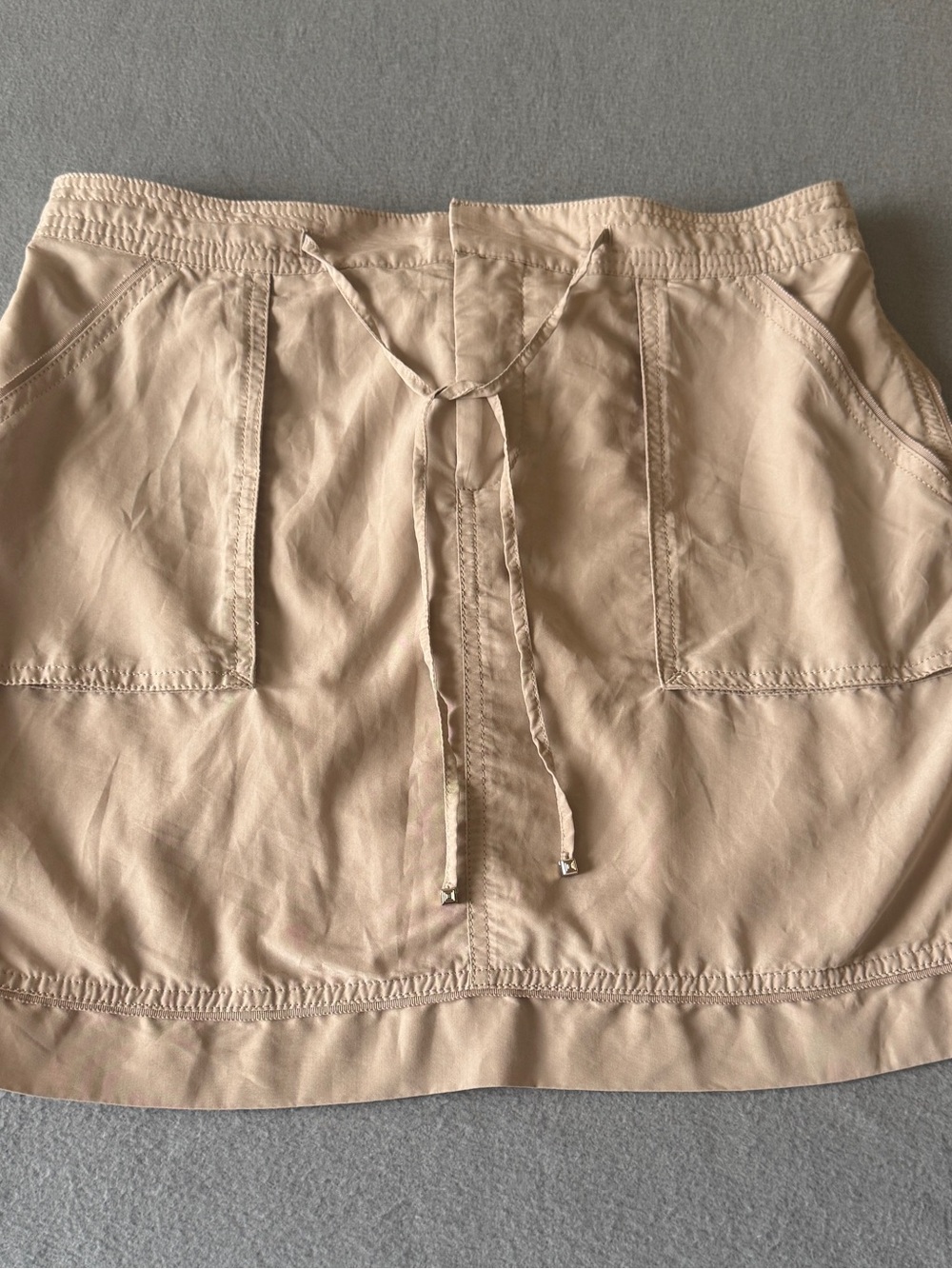White House Black Market Mini Skirt Size 10 Khaki Drawstring Cargo Style, Lined